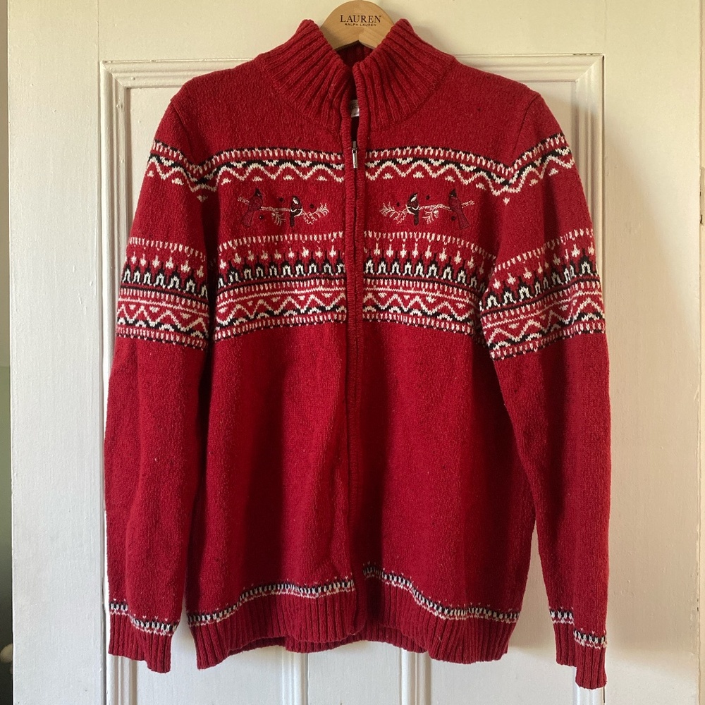 Red 90s style Northern Reflections zip-up sweater